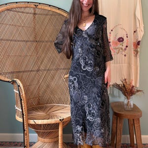 Vintage 90s Black Silk Paisley Whimsigoth Ruffle Midi Dress Size Small - Practical Magic Gillian Owens Witchy Ethereal Boho DREAM