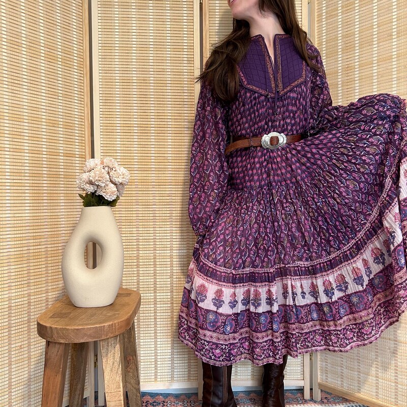 Vintage 60s Purple Hippie Dress, Embroidered Trim, 70s Bohemian Shift Dress M main image 1