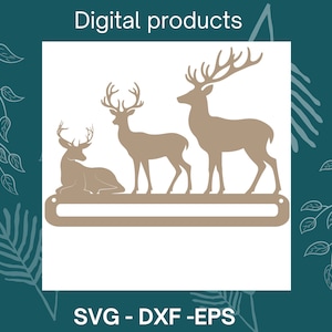 May include: Digital cut file design featuring three deer silhouettes in a brown colour. The deer are standing on a rectangular base with a blank space for text. The design is labelled "SVG - DXF - EPS".