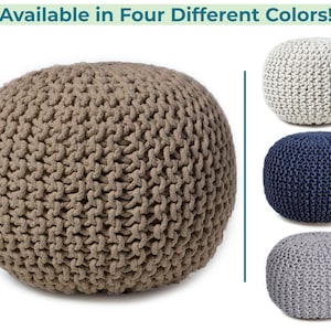 Hand-Knitted Cotton Pouf Foot Stool Ottoman - Round Design with Poly Bead Filling in Four Base Color Options