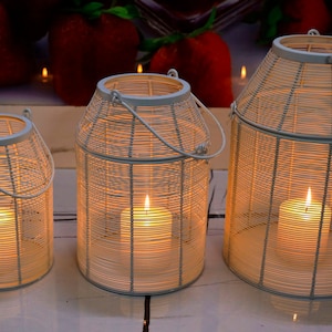 White Metal Three Lantern Set: Indoor/Outdoor Decor, Milk Can Design