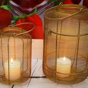 Gold Metal Two Lantern Set: Indoor/Outdoor Decor, Round Design