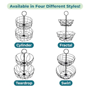 May include: Four black metal two-tiered wire baskets with a central handle. The styles are labeled as Cylinder, Fractal, Teardrop, and Swirl. Each stand features a vertical rod with a circular top loop and two stacked open-frame wire baskets.