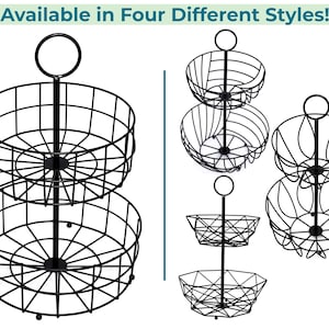 Decorative 2-Tier Black Round Metal Fruit Basket – Freestanding or Hanging with 11&quot; & 9&quot; Baskets