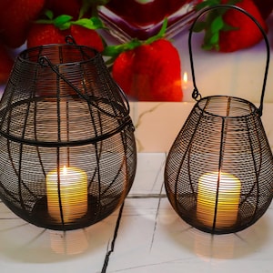Black Metal Two Lantern Set: Indoor/Outdoor Decor, Dew Drop Design