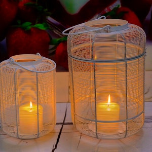 White Metal Two Lantern Set: Indoor/Outdoor Decor, Round Design