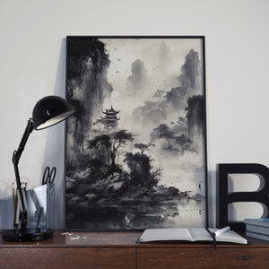 Japanese Pagoda Vintage Style Art Watercolour Poster - Unique Home Decor