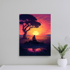 Arte de cartel de paisaje colorido de persona sentada debajo de un árbol al atardecer - Arte de pared - Decoración