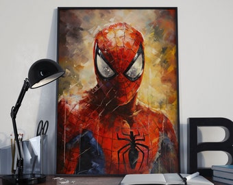 Könnte beinhalten: Ein Gemälde von Spider-Man in einem rot-blauen Anzug mit einem schwarzen Spinnenlogo auf der Brust. Der Hintergrund ist ein gelbes und oranges abstraktes Design.