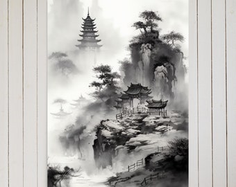 Chinees Mistig Landschap Poster Inkttekening met Pagode | Inkt schilderij kunst aan de muur