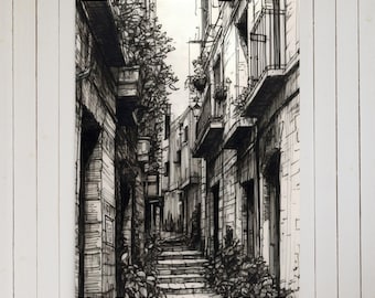 Black and White Ink Sketched Drawing of an Alleyway in Rome - Fine Art Print