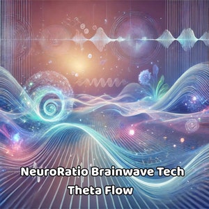 May include: Abstract digital art with a swirling blue and purple design. The text "NeuroRatio Brainwave Tech Theta Flow" is at the bottom of the image.
