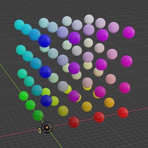 Könnte beinhalten: Ein 3D-Rendering eines Würfels aus bunten Kugeln. Die Kugeln sind in Reihen und Spalten angeordnet, mit einem Farbverlauf von Türkis bis Rot, einschließlich Blau, Lila, Gelb und Rosa. Der Hintergrund ist ein graues Gitter.