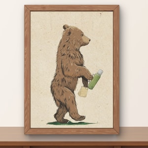 Almuerzo en bolsa Oso que lleva bolsa de papel Dibujos animados caprichosos Animal Cub Thermos Stanley Lindo dibujo ilustrado Pintura
