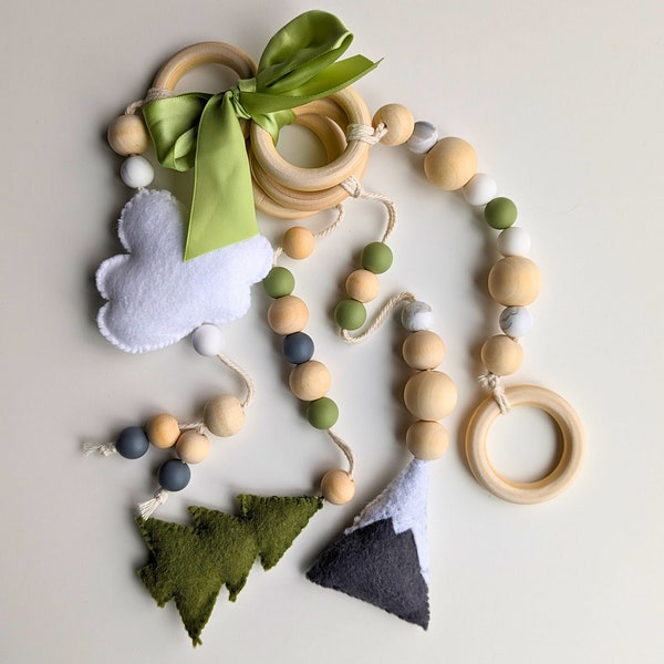 Mountain Play Gym Toys/Baby Stroller Toys in Green, Grey, and White Forest Theme/BPA, Glue, and Chemical Free!