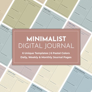 May include: Digital journal templates in pastel shades, featuring daily, weekly, and monthly layouts. The central graphic displays "Minimalist Digital Journal" with information about the templates and colours.
