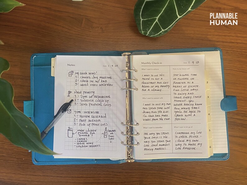 May include: A blue and white planner with a monthly check-in section, notes section, and a list of "quick wins" and "high priority" tasks. The planner has a tabbed section with the numbers 1 through 6. The text "Plannable Human" is printed in the upper right corner of the page.
