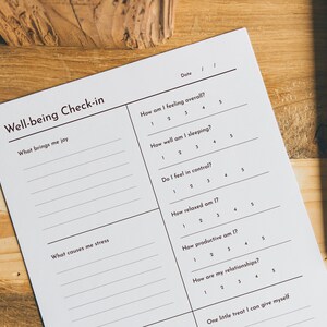 May include: A printable well-being check-in sheet with questions about sleep, relaxation, productivity, relationships, and joy. The sheet includes a space for the date and a section for a personal treat.