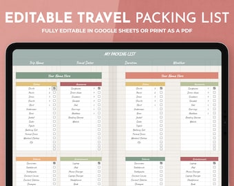 Travel Packing List: Editable in Google Sheets