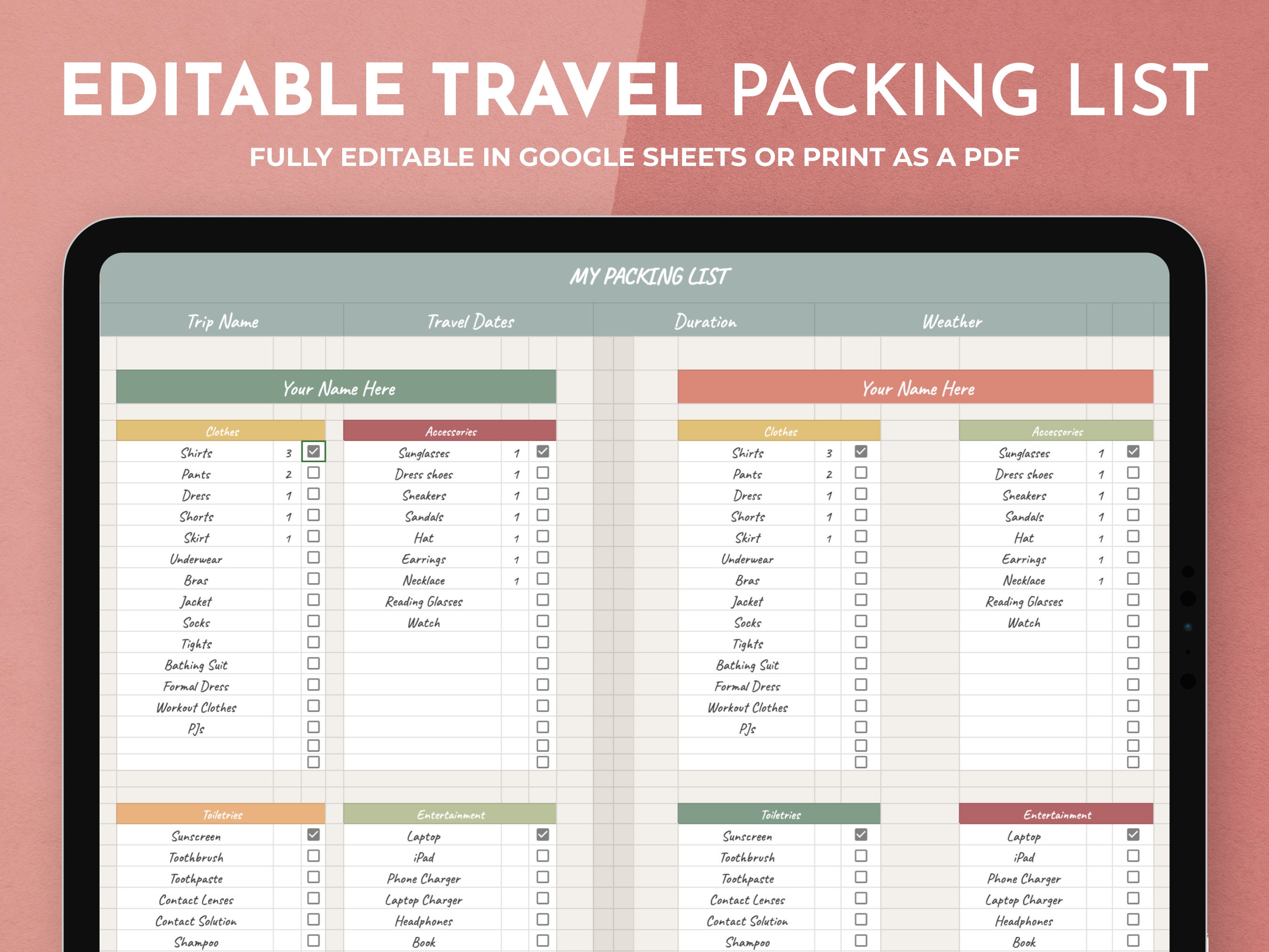 Travel Packing List: Editable in Google Sheets - Etsy