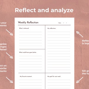 May include: A printable weekly reflection planner with sections for celebrating achievements, recognizing challenges, reflecting on favorite moments, setting goals, and reflecting on what is important. The planner has a white background with black text and lines.