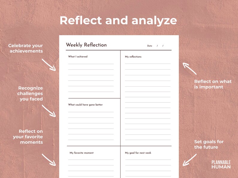 May include: A printable weekly reflection planner with sections for celebrating achievements, recognizing challenges, reflecting on favorite moments, setting goals, and reflecting on what is important. The planner has a white background with black text and lines.