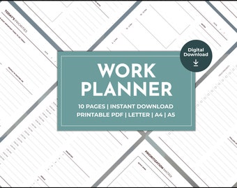 May include: A printable work planner with a gray and white color scheme. The planner includes sections for today's priorities, a prioritization matrix, and a daily schedule. The text "WORK PLANNER" is in a large font at the top of the page. The text "10 PAGES | INSTANT DOWNLOAD PRINTABLE PDF | LETTER | A4 | A5" is below the title.