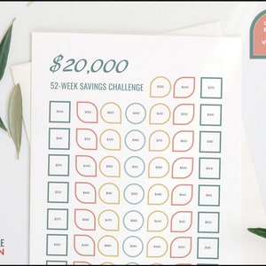 20,000 Savings Challenge Printable | 52 Week & 100 Envelope Challenges | Letter, A6 and 3&quot;x6&quot; Size or for GoodNotes