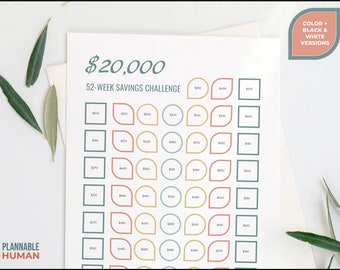 20,000 Savings Challenge Printable | 52 Week & 100 Envelope Challenges | Letter, A6 and 3"x6" Size or for GoodNotes