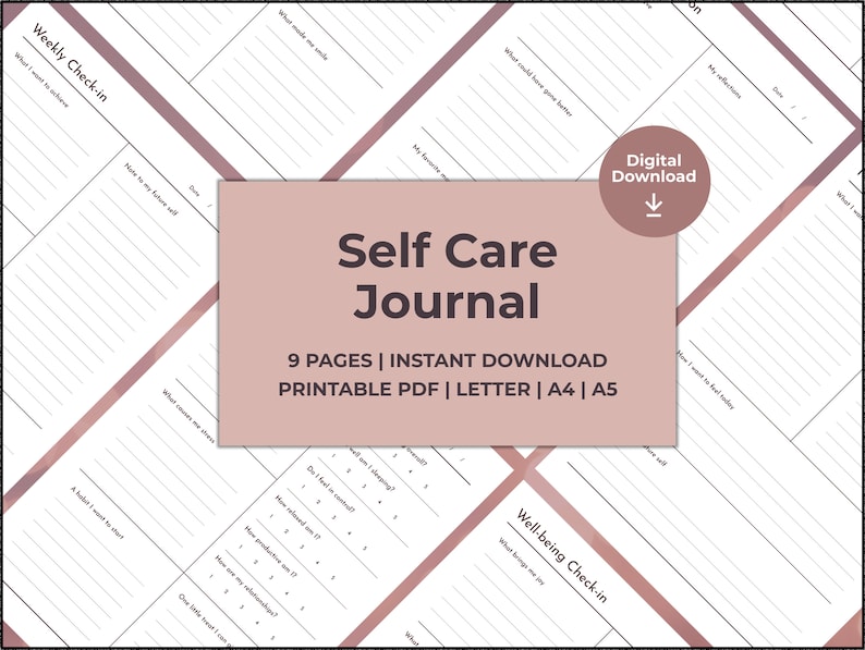May include: A printable self-care journal with a pink and white design. The journal includes pages for weekly check-ins and well-being check-ins. The text on the cover reads "Self Care Journal" and "9 PAGES | INSTANT DOWNLOAD PRINTABLE PDF | LETTER | A4 | A5".