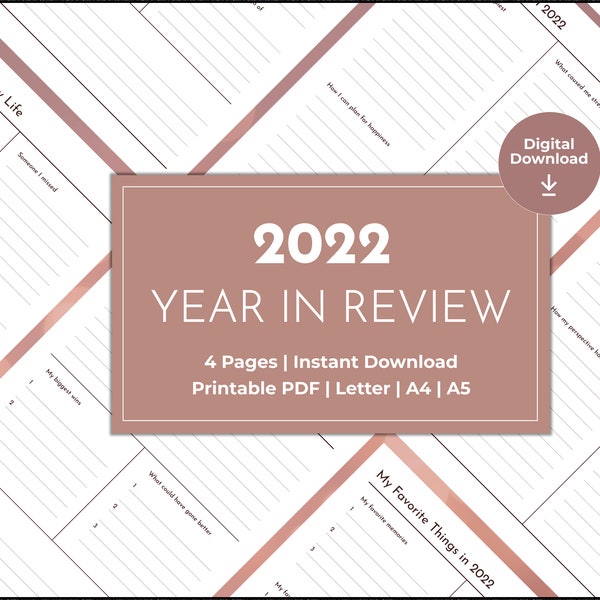 Year in Review Template,  Self Reflection Journal and Worksheets, Download PDF, New Years, Annual Review, Minimal Insert, Printable Planner