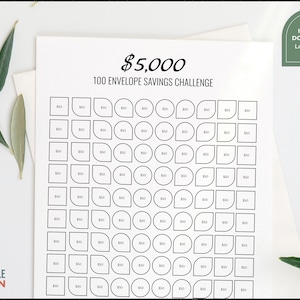 May include: A printable 100 envelope savings challenge chart to help you save $5,000. The chart has 100 circles and squares, each labeled with $50.