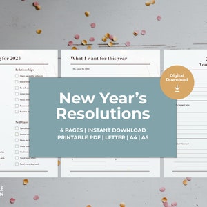 May include: Printable New Year's Resolutions planner with four pages, including goal planning for 2023, what you want for the year, and a 2022 year in review section. The planner is available as a digital download in letter, A4, and A5 sizes.