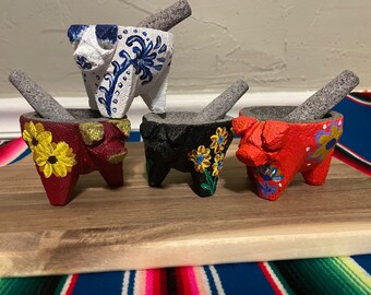 Mini Mexican Hand-Painted Stone Mortar and Pestle/ Mini Molcajete Painted flowers / volcanic rock