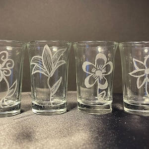 Hand Engraved Flowers Shot Glasses,  Tequila Shooter Espresso Shot Glass, Bachelorette Shot Glass