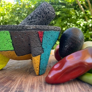 Mexican Molcajete Volcanic, Food Safe Hand-Painted and Hand Carved Stone Mortar and Pestle/ Molcajete/ Guacamole bowl/ Herb grinding tool