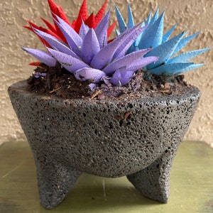 May include: Three succulent plants in a black, three-legged, textured pot. The plants are painted in shades of blue and red.