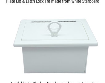 Marine Glove storage box with recess plate & latch lid made from black king starboard lifetime warranty