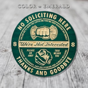No Soliciting Sign | Money Theme | Carved Wood | Various Sizes & Colors