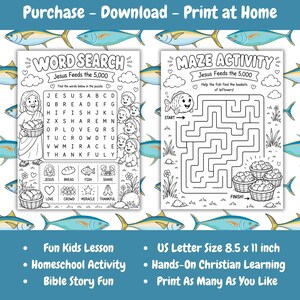 May include: Two black and white activity sheets with the text "WORD SEARCH" and "MAZE ACTIVITY". The word search features Jesus and children, while the maze has a fish and baskets. The background has a pattern of blue fish. The text "Purchase - Download - Print at Home" is at the top.