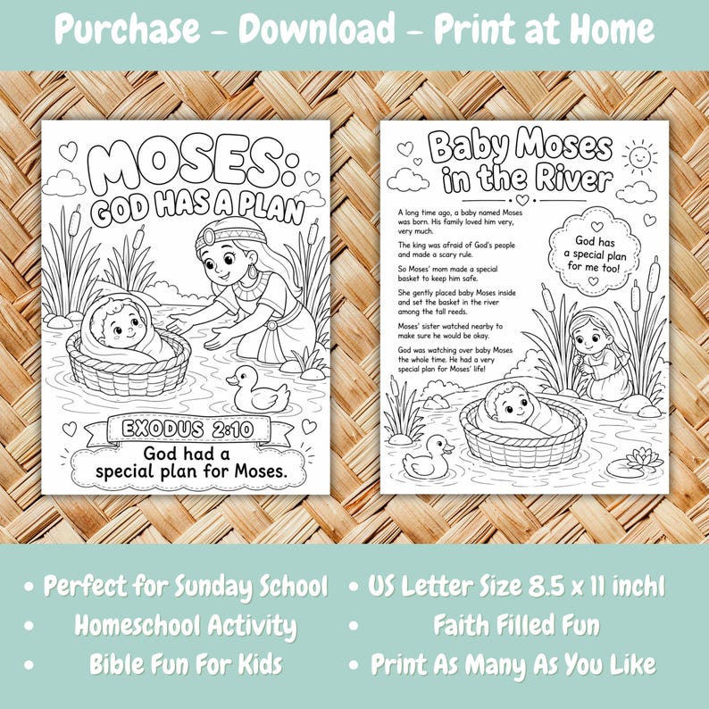 Peut inclure: Deux pages &agrave; colorier en noir et blanc avec des illustrations de Mo&iuml;se dans un panier dans la rivi&egrave;re. Le texte se lit "Mo&iuml;se : Dieu a un plan" et "B&eacute;b&eacute; Mo&iuml;se dans la rivi&egrave;re". Comprend le texte "Exode 2:10 Dieu avait un plan sp&eacute;cial pour Mo&iuml;se."
