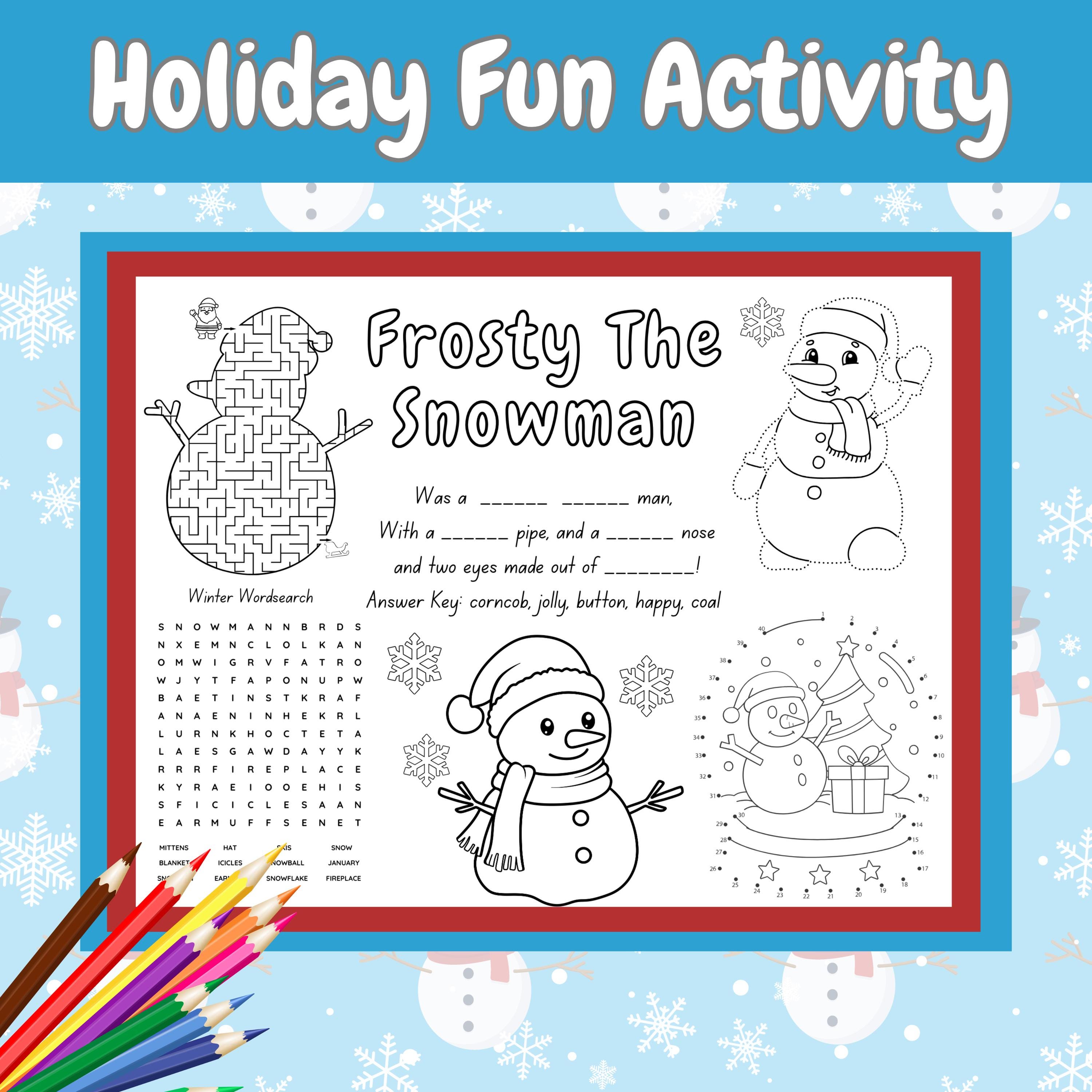 Snowman Activity Placemat, Christmas Coloring Page With Maze, Connect ...