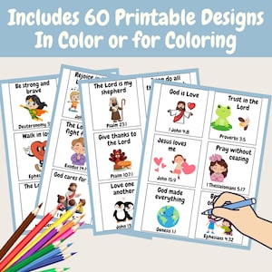 May include: A set of printable designs featuring Bible verses and illustrations. The designs include colourful images and text, with phrases like "God is Love" and "Be strong and brave." A set of coloured pencils are in the foreground.