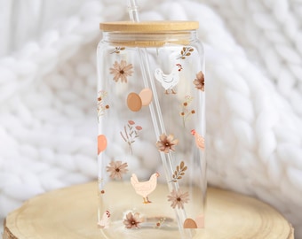 Taza de cristal con forma de pollo, regalo para amantes de los pollos, taza de café helado con flores, taza de la loca de los pollos, regalo para el dueño de un pollo, taza de animales de granja, taza con forma de pollo
