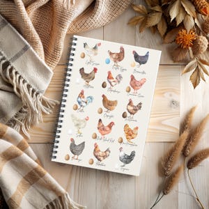 May include: A spiral bound notebook with watercolor illustrations of different chicken breeds and their egg colors. Each chicken is labeled with its breed name, such as Light Sussex, Barnevelder, and Ameraucana.