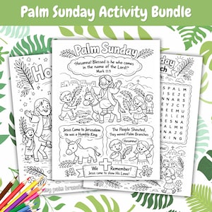 Puede incluir: Un paquete de actividades del Domingo de Ramos con páginas para colorear y una sopa de letras. Las páginas incluyen ilustraciones de Jesús, niños y burros, con texto como "¡Hosanna!" y "¡Jesús vino a mostrar su amor!"