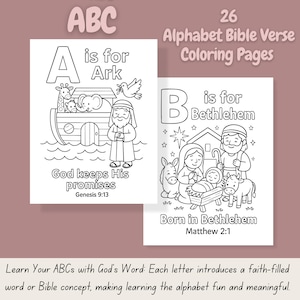 Puede incluir: Dos páginas de un libro para colorear abiertas con ilustraciones en blanco y negro. Una página muestra un arca con animales, el texto "A is for Ark" y "God keeps His promises". La otra página muestra un pesebre con el texto "B is for Bethlehem".