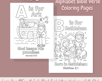 26 Bible ABC Coloring Sheets for Kids, Bible Verse Coloring Pages Bundle Activity, Digital Download PDF 8.5x11