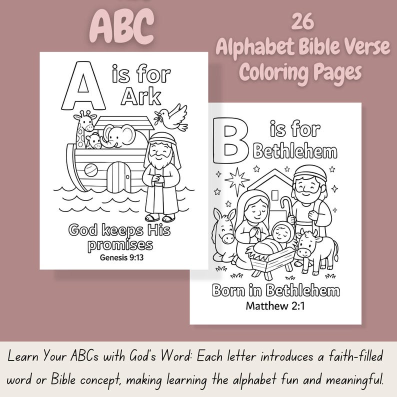 Op de afbeelding: Twee open kleurboekpagina's met zwart-wit illustraties. E&eacute;n pagina toont een ark met dieren, de tekst "A is for Ark" en "God keeps His promises". De andere pagina toont een kerststal met de tekst "B is for Bethlehem" en "Born in Bethlehem".