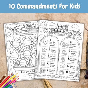May include: Two black and white printable activity sheets titled 10 Commandments For Kids. One sheet features a flower pot with blank petals for writing, and the other lists the 10 Commandments with numbered icons and text for colouring and learning.